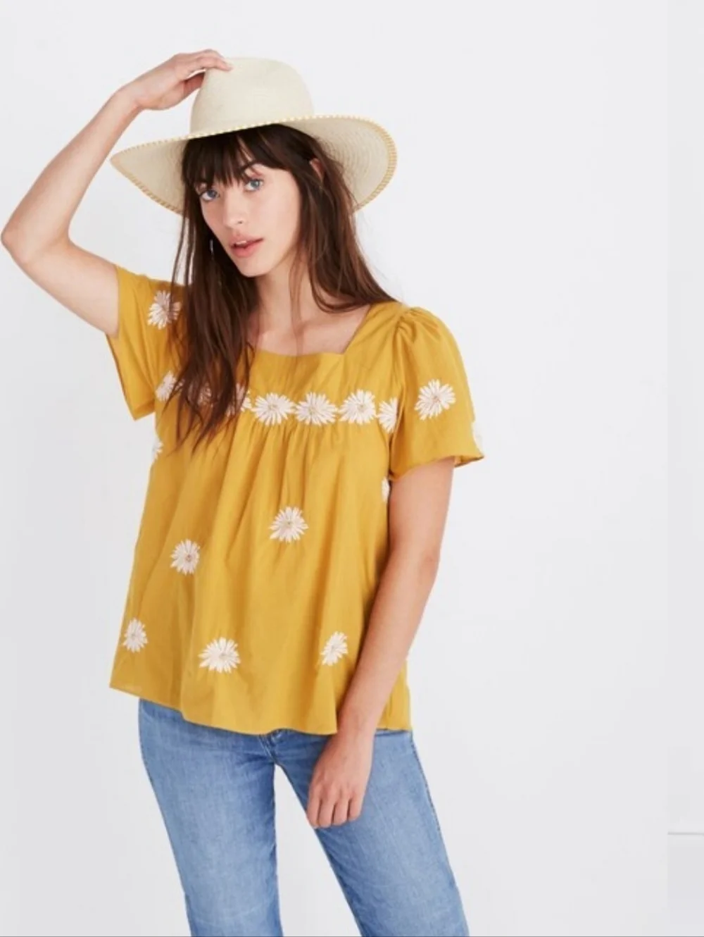 Madewell Mustard Square-Neck Embroidered Top